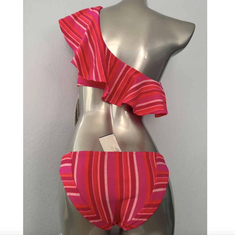 Trina Turk Pink & Orange One-Shoulder Ruffle Stripe Bikini - Picture 7 of 9